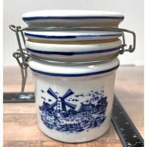 Ceramic Storage Jar With Blue Windmill Design & Clamp Lid